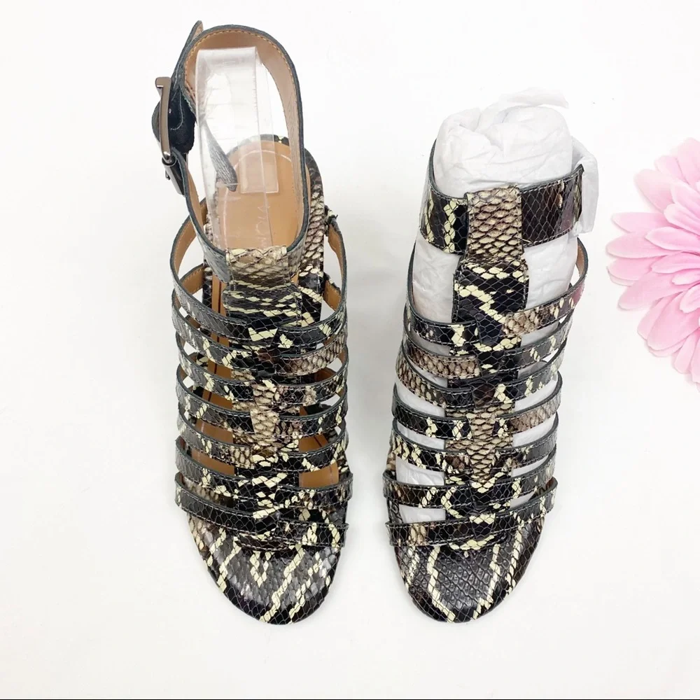 Vionic Perk Sami Leather Caged Heeled Sandals: Black Boa Snakeskin